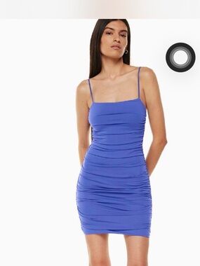 Aritzia Babaton Blue Ruched Spaghetti-Strap Mini Dress